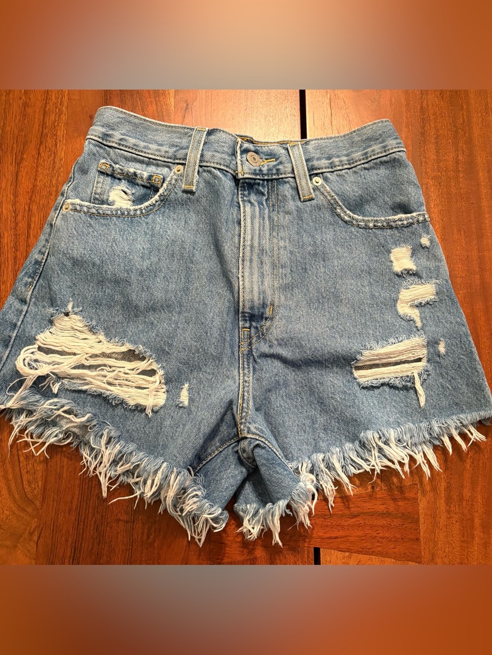 Levi's Light Blue Distressed Fringe Hem Denim Shorts